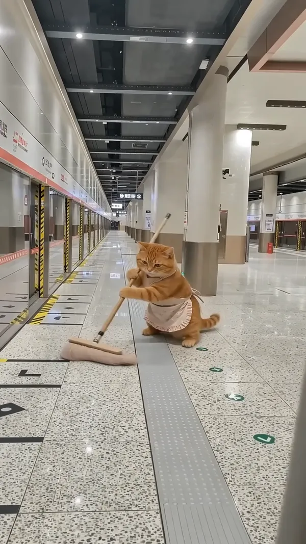 AI拖地小猫特效 - 主图（AI艺术作品）