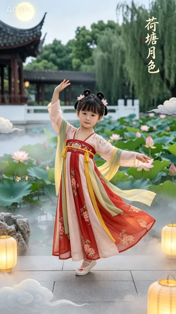 萌娃汉服舞蹈课抓拍🪷荷塘月色 - 主图（AI艺术作品）
