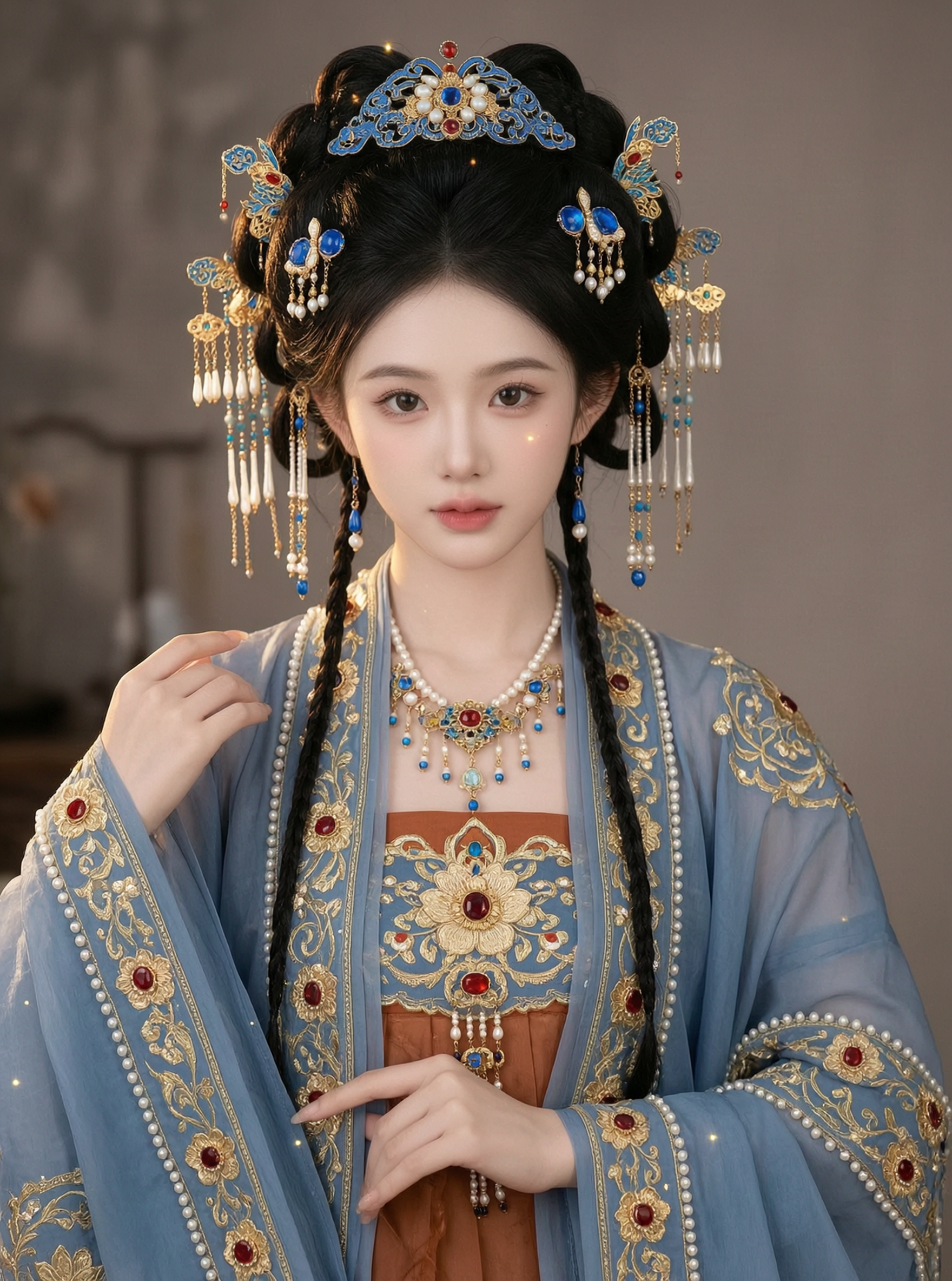 蓝金明制贵妇汉服写真 | 上传女生照片做同款 - 作品图1