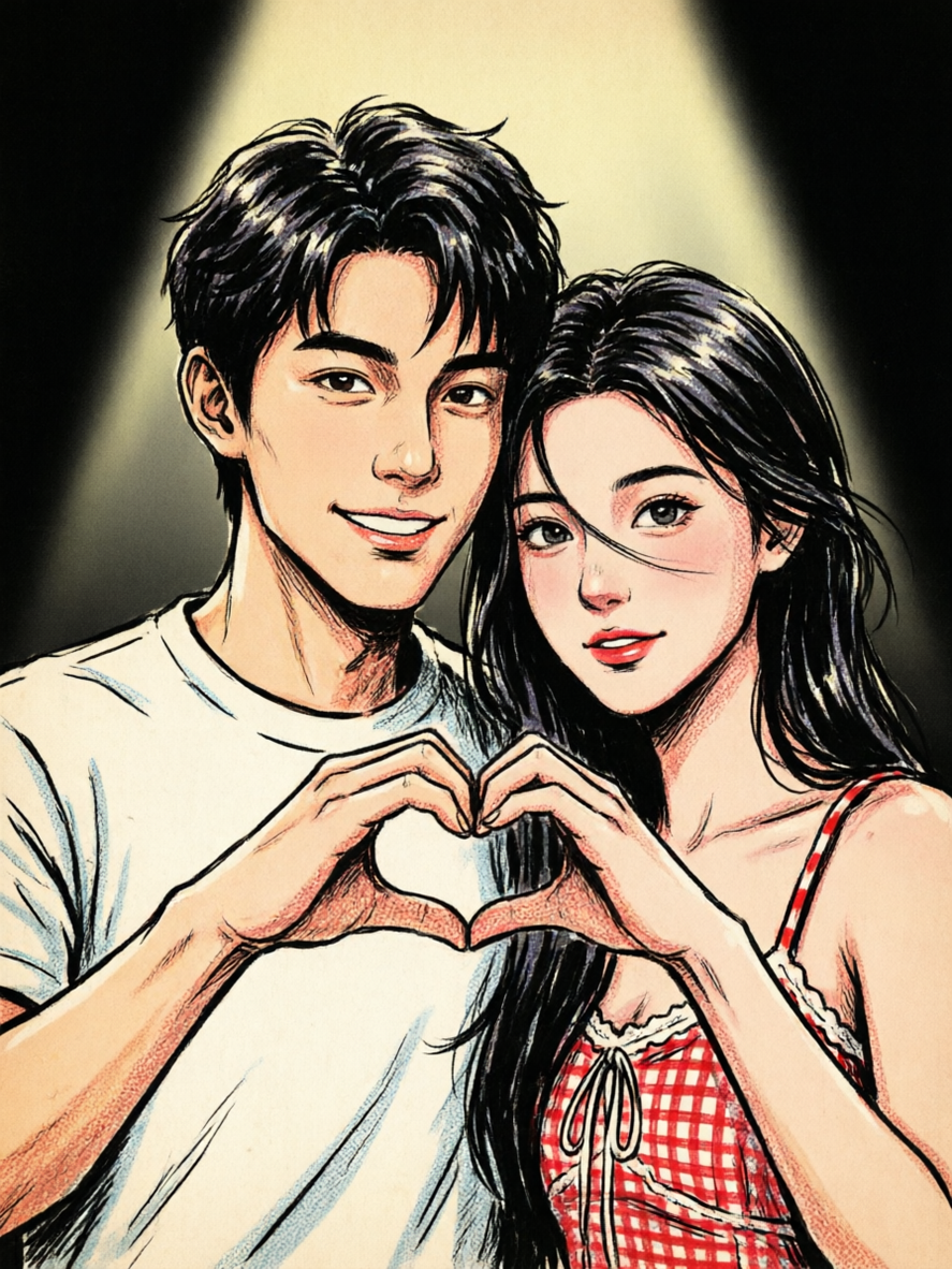 复古漫画风情侣手绘写真 - 作品图1