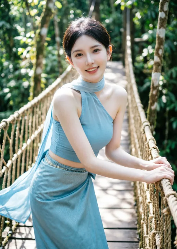 木板桥上的版纳雨林初恋感傣妹 - 主图（AI艺术作品）