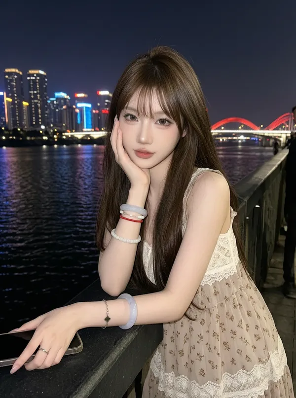 江畔夜灯纪实少女写真/一键拍同款 - 主图（AI艺术作品）