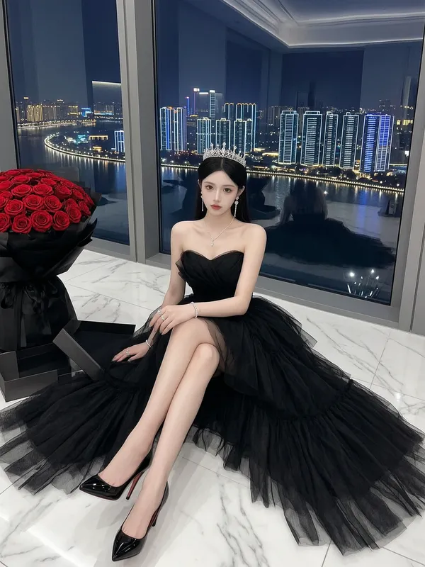 夜景江景落地窗黑纱礼服千金写真 - 主图（AI艺术作品）