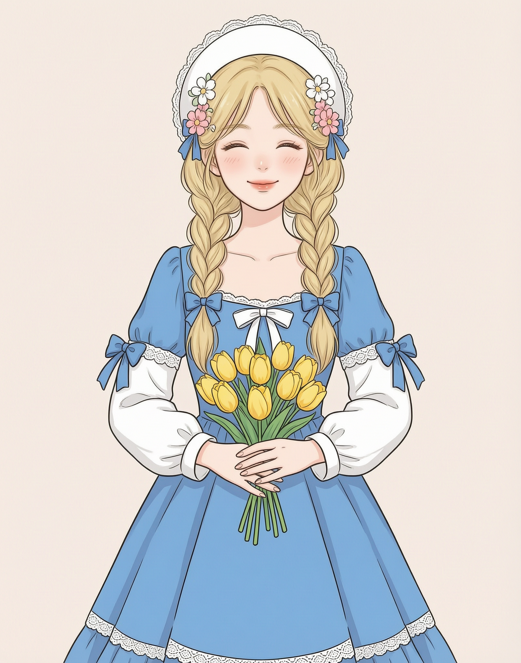 金发少女手捧郁金香插画|上传照片做同款 - 作品图1