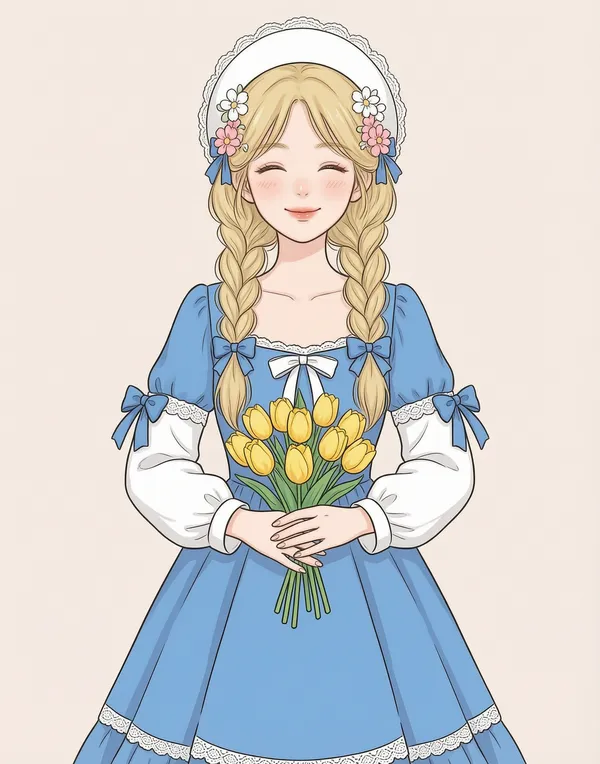 金发少女手捧郁金香插画|上传照片做同款 - 主图(AI艺术作品)