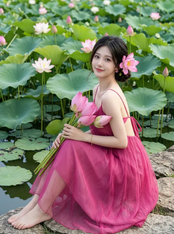 荷塘玫红纱裙浪漫写真｜上传女生照片得同款 - C作品
