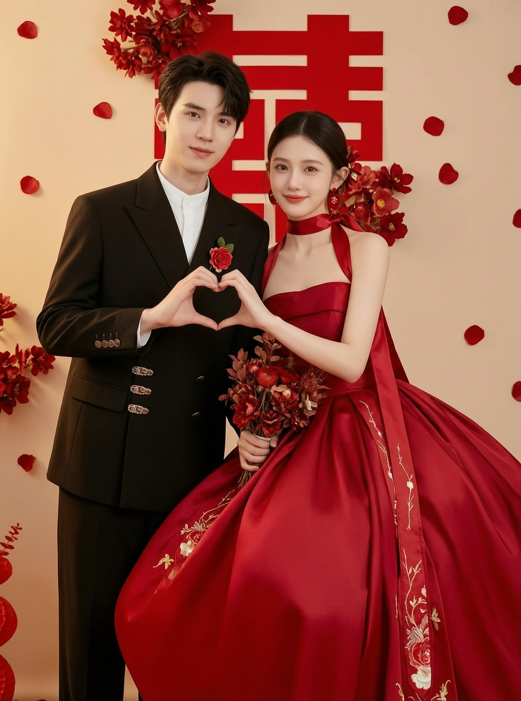 中式红黑浓烈喜庆婚纱照写真|上传2张照片得同款 - 作品图1