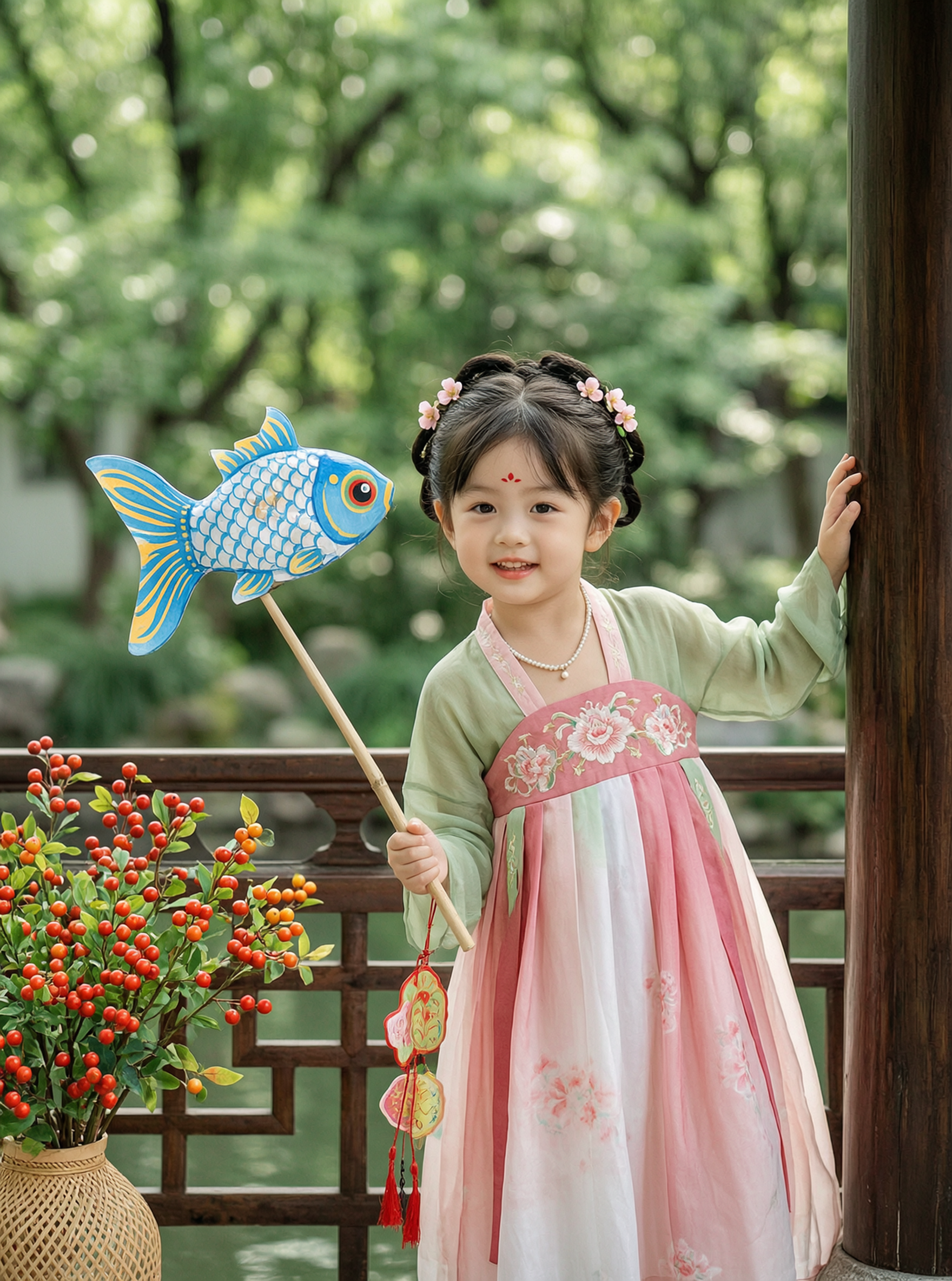 wan2.7金鱼花灯汉服女童|园林古风写真 - 作品图1