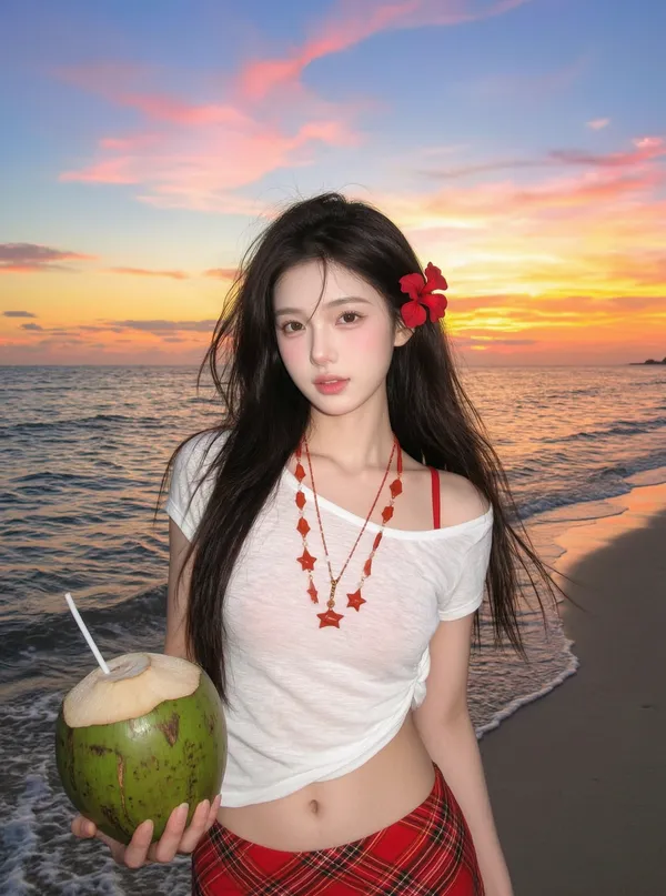 海边度假晚霞写真 - 主图（AI艺术作品）