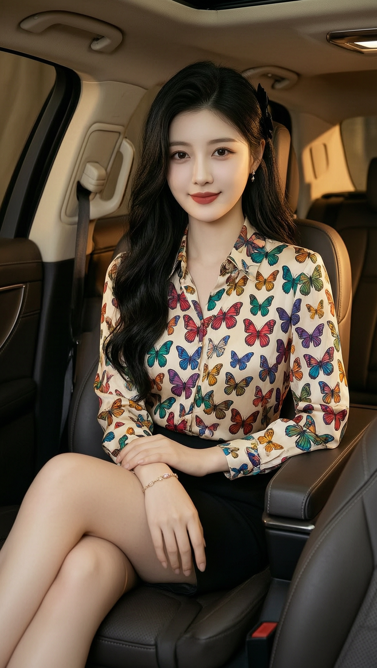 AI坐在轿车里端庄优雅的美女写真 - 作品图1