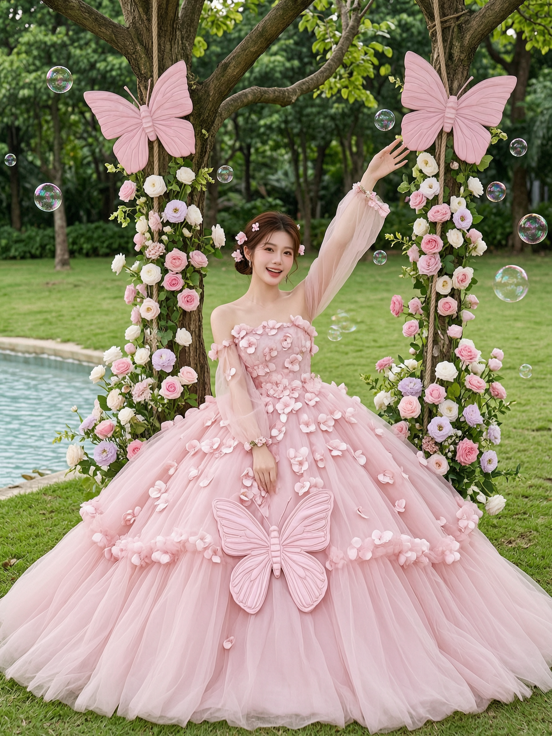 森系粉色蝴蝶公主婚纱写真|上传女生照片做同款 - 作品图1