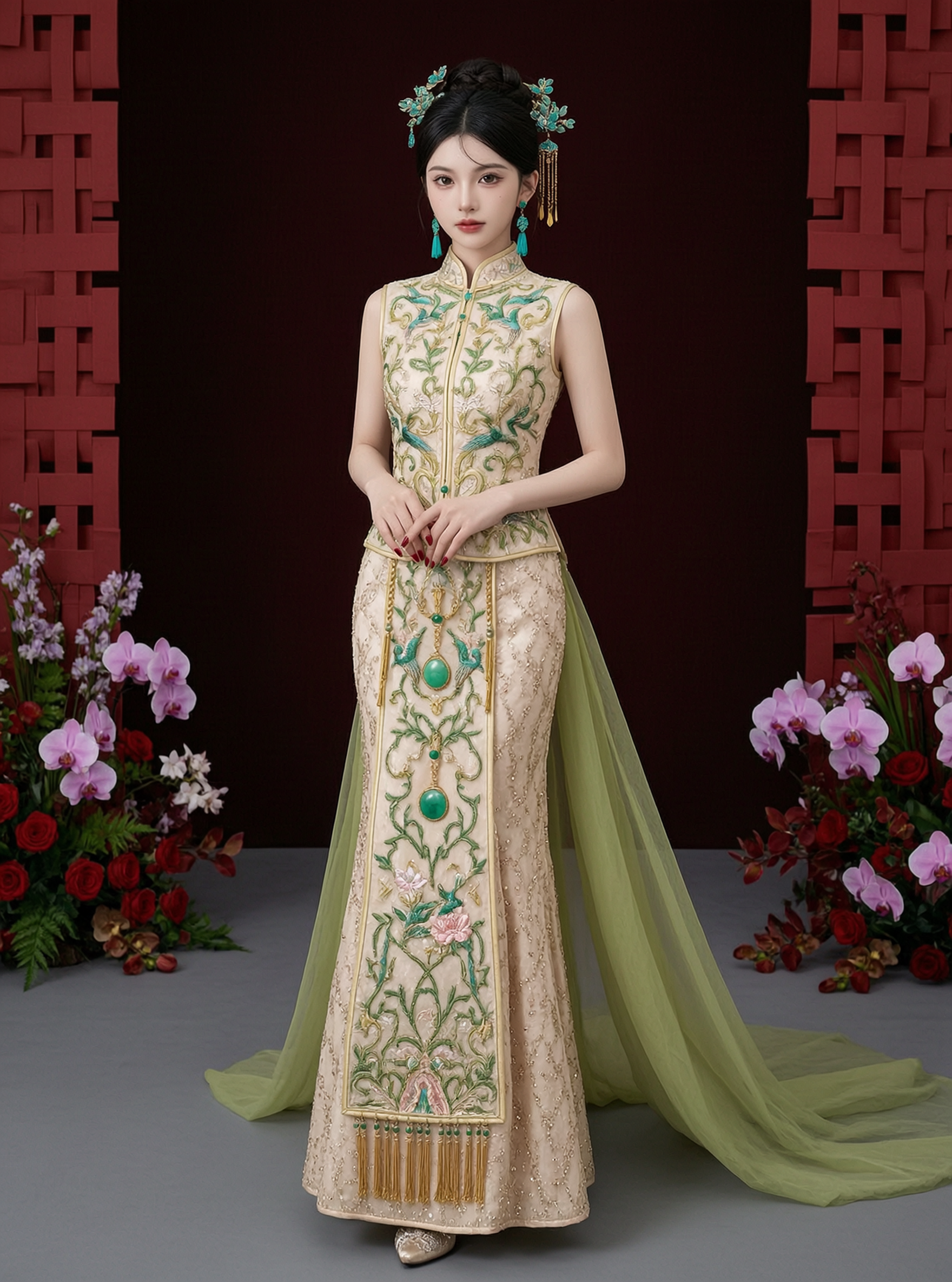新中式轻奢修身鱼尾秀禾礼服写真|替换照片做同款 - 作品图2
