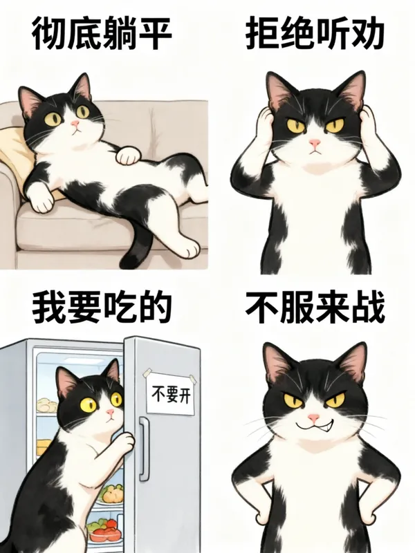 萌宠表情包四宫格｜彻底躺平吧！！ - 主图（AI艺术作品）