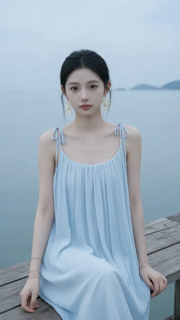海边蓝裙子女孩写真照✨️做同款 - 主图（AI艺术作品）