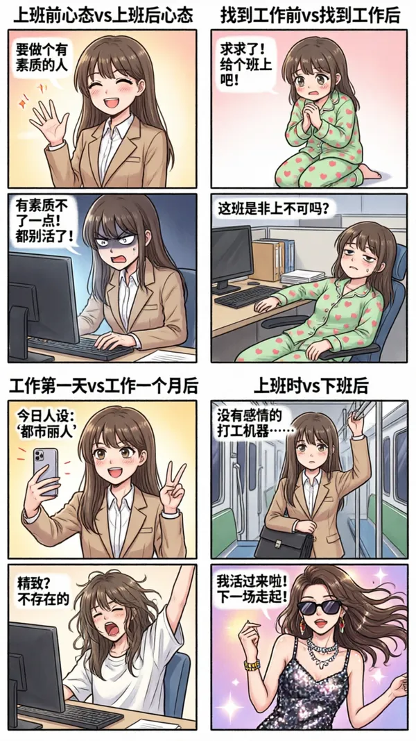 四宫格·打工人心态反差系列(动漫风) - 主图(AI艺术作品)
