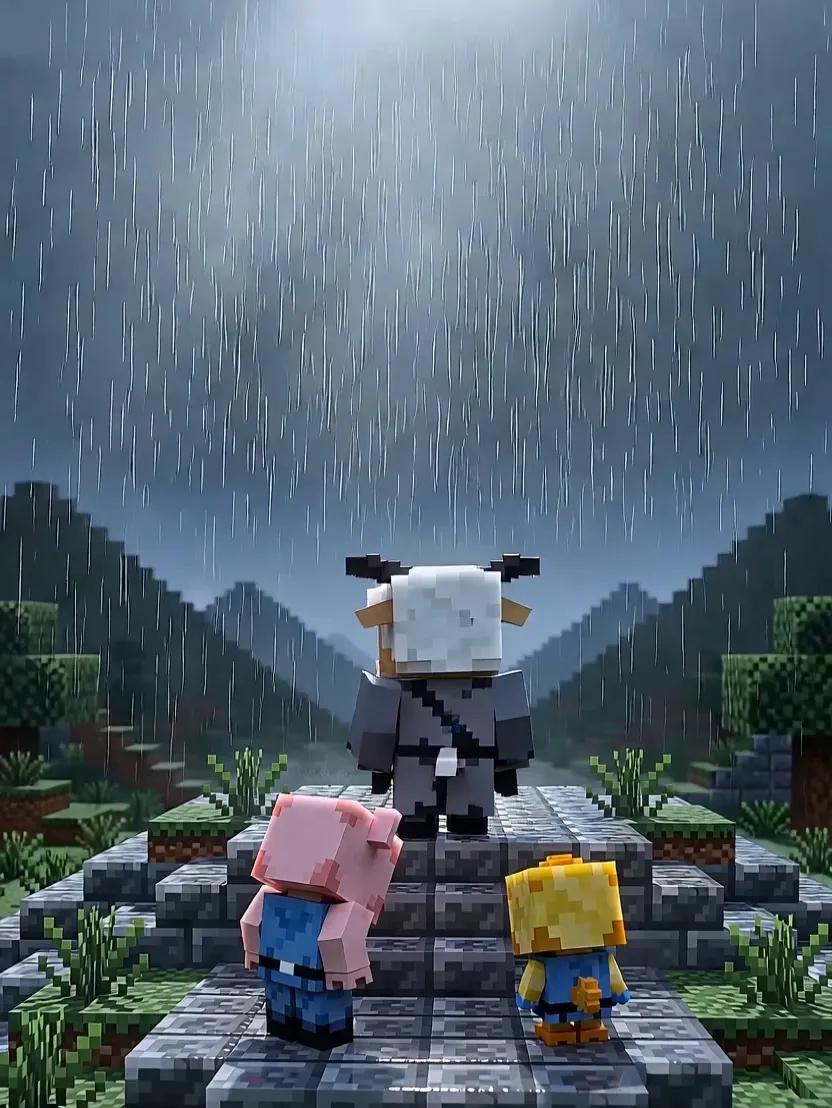 Minecraft方块山间雨夜离别回忆 - 作品图1