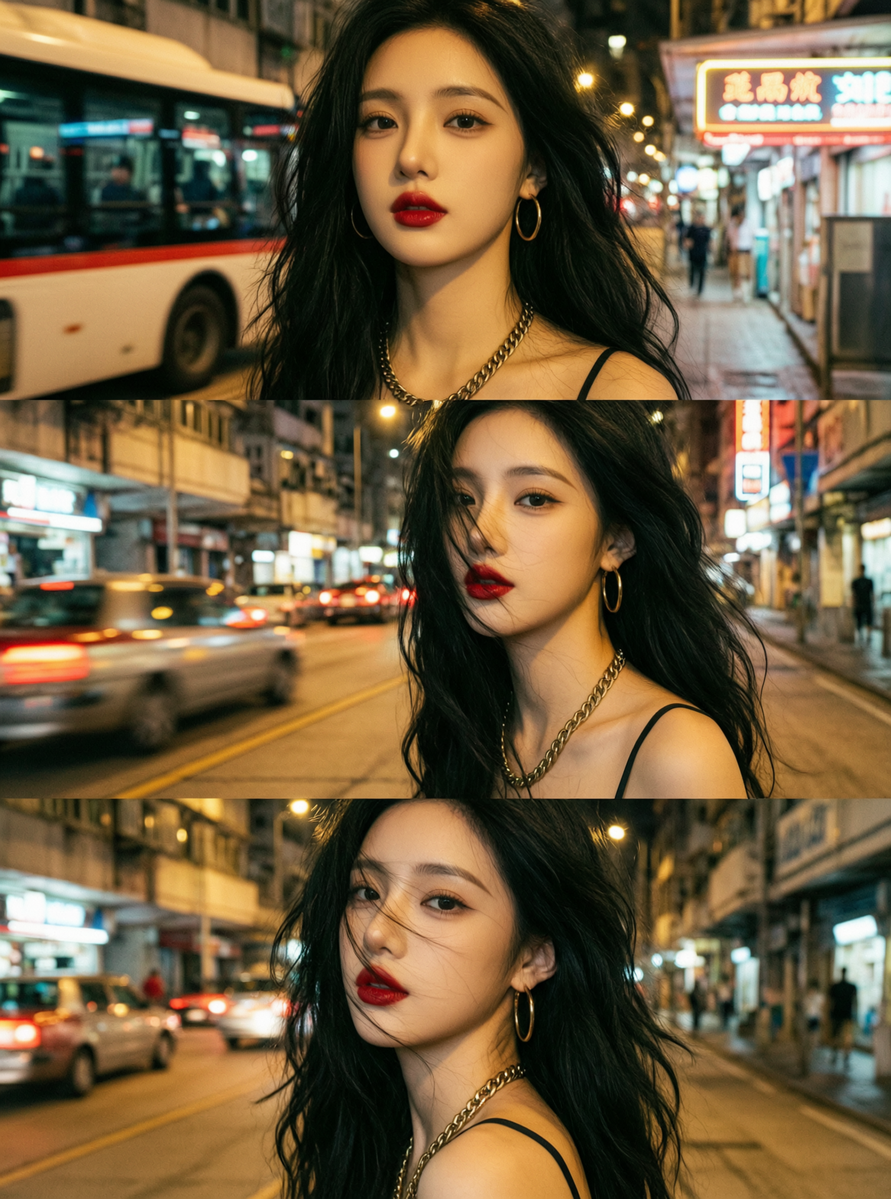 港风夜景复古电影感三屏 | 上传女生照片做同款 - 作品图1