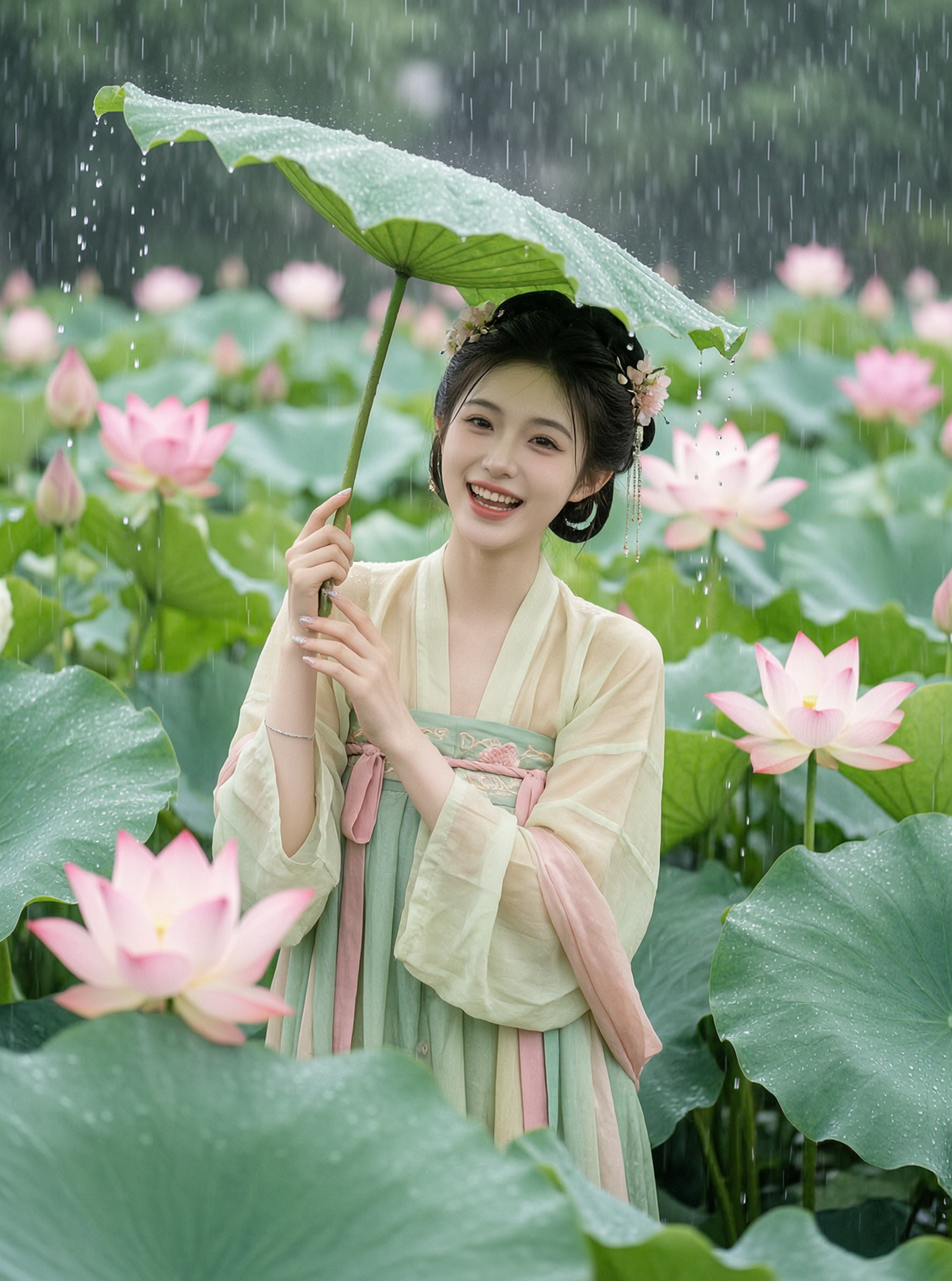 江南荷塘古风汉服雨水写真 | 上传女生照片做同款 - 作品图1
