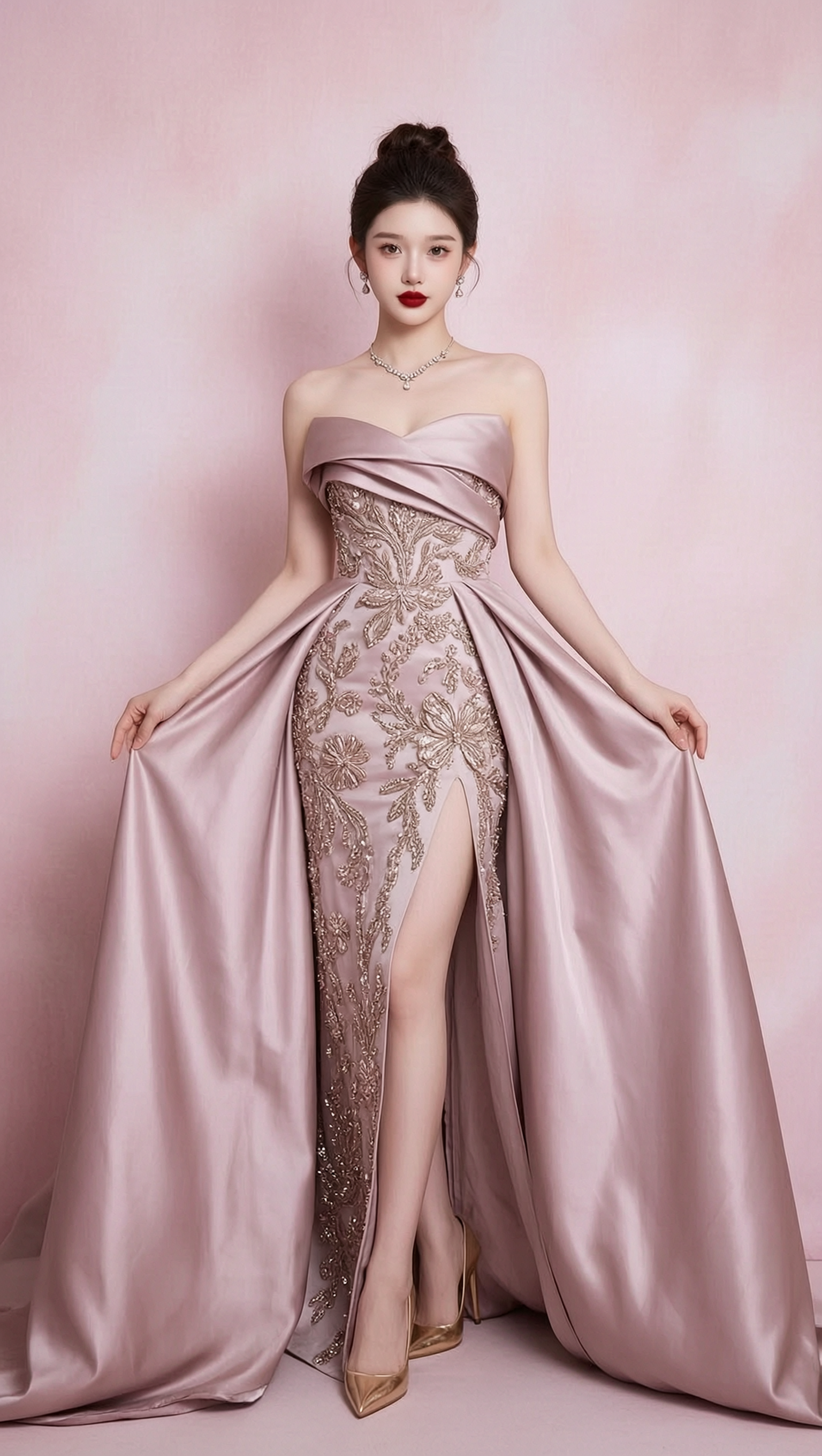 豆沙粉抹胸重工明星高定礼服写真 | 上传女生照片做同款 - 作品图1