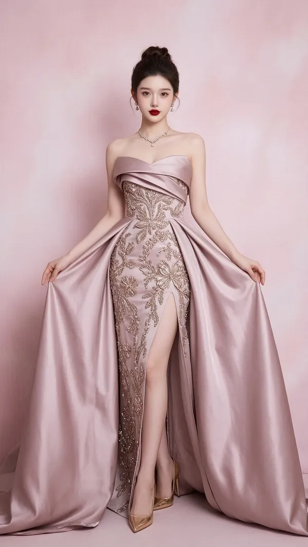 豆沙粉抹胸重工明星高定礼服写真 | 上传女生照片做同款 - 主图（AI艺术作品）