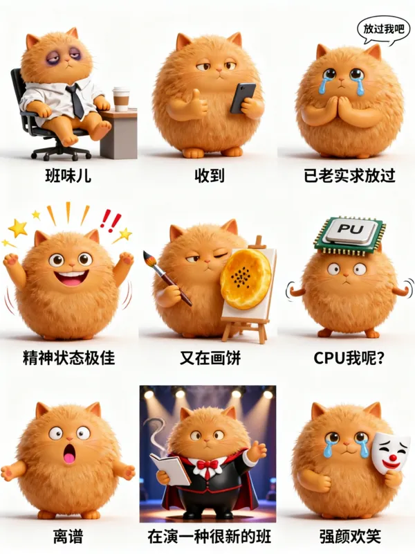 超萌橘胖猫表情包 - 主图（AI艺术作品）