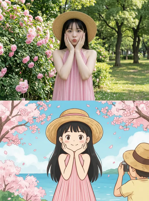 Wan2.7🔥旅行定格|动画两宫格大片|导入女士照片做同款 - 主图（AI艺术作品）