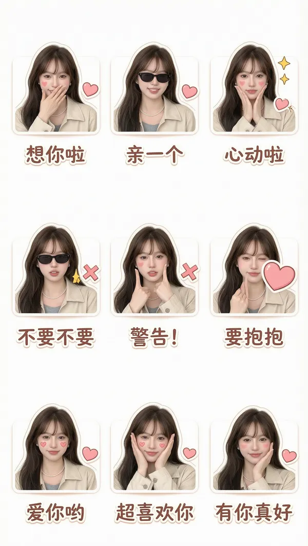 「Wan2.7」🔥甜妹可爱表情包贴纸九宫格合集 - 主图（AI艺术作品）