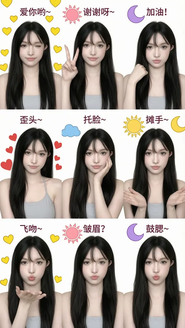 「Wan2.7」AI软萌真人九宫格表情包|导入女士照片做同款 - 主图（AI艺术作品）