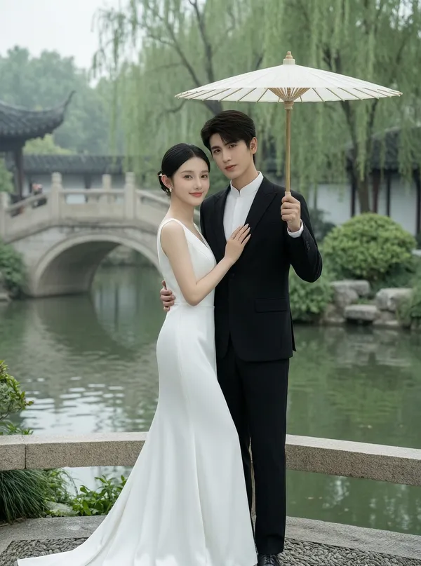 新中式园林婚纱写真|上传2张照片得同款 - 主图(AI艺术作品)