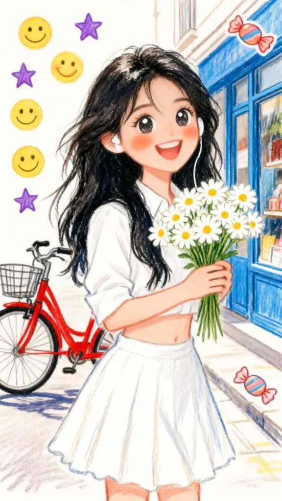 可爱蜡笔风持花少女图|一秒生成 - 主图（AI艺术作品）