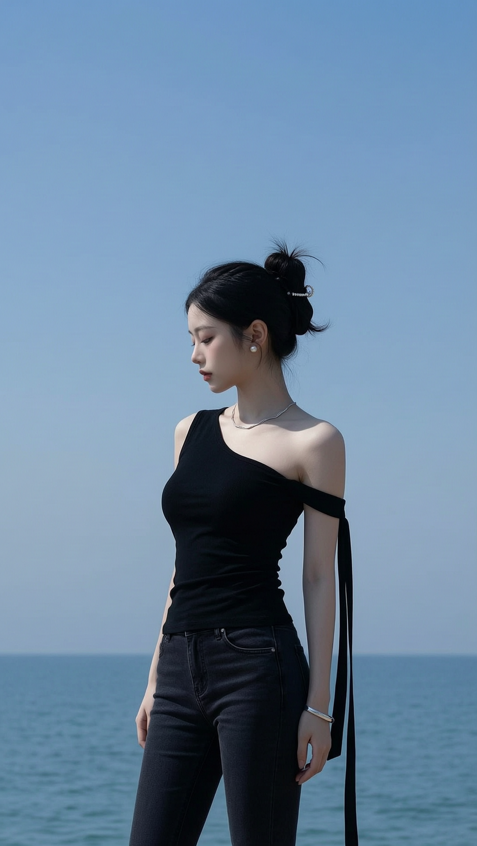 海边清冷侧颜氛围感人像写真|上传女生照片做同款 - 作品图1