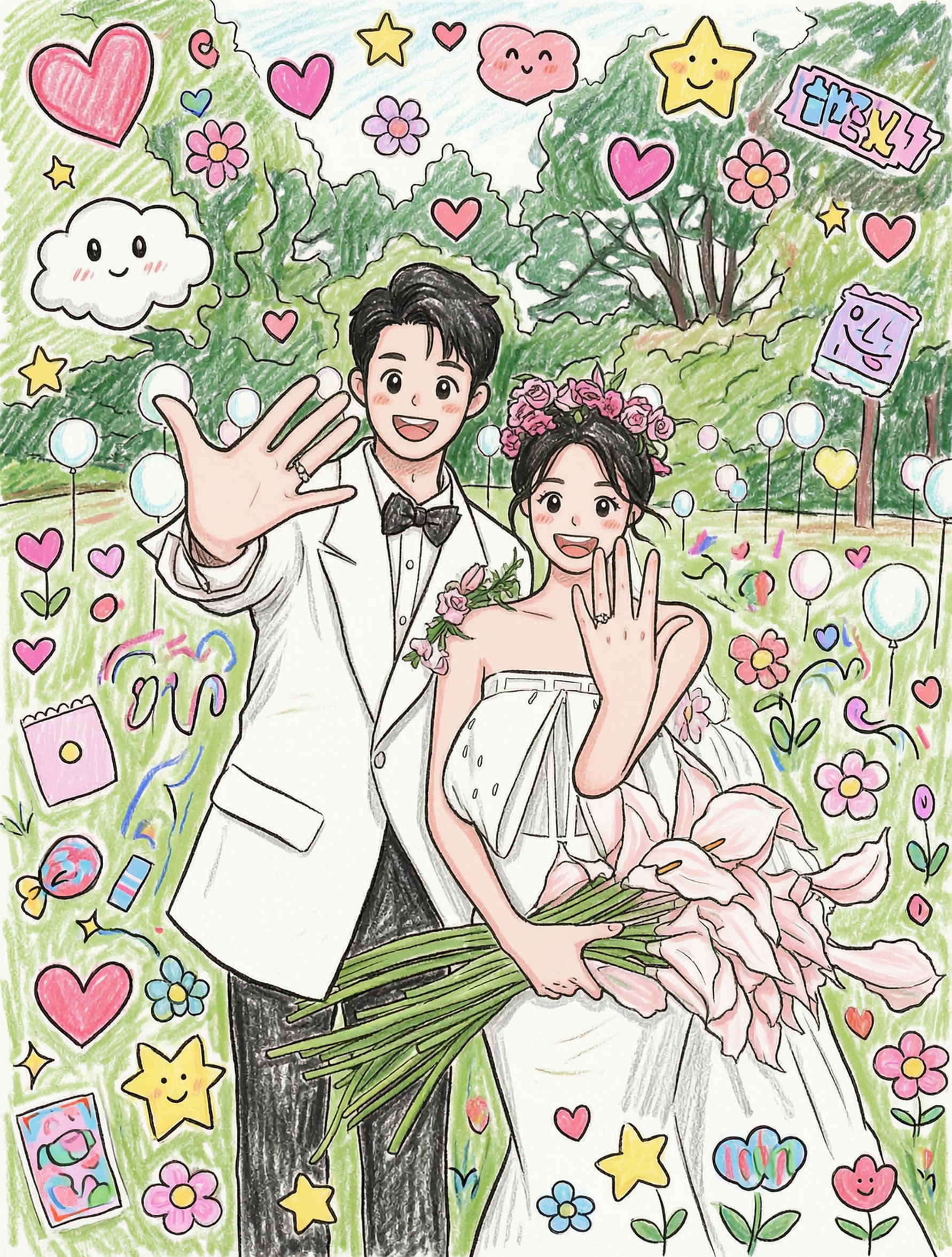 情侣照转儿童蜡笔涂鸦插画风格 - 作品图1