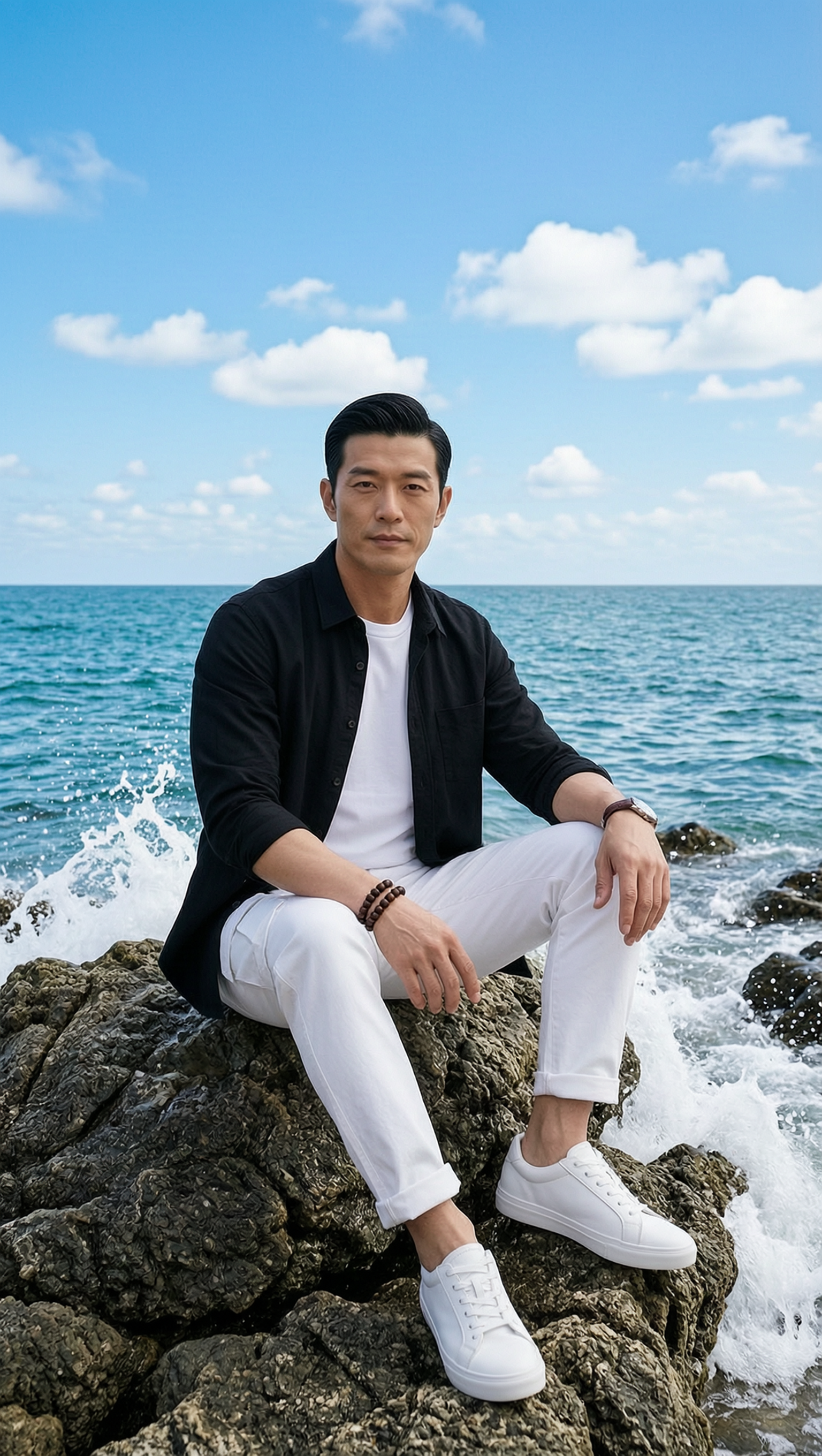 碧海礁石海岸男士休闲写真 - 作品图1
