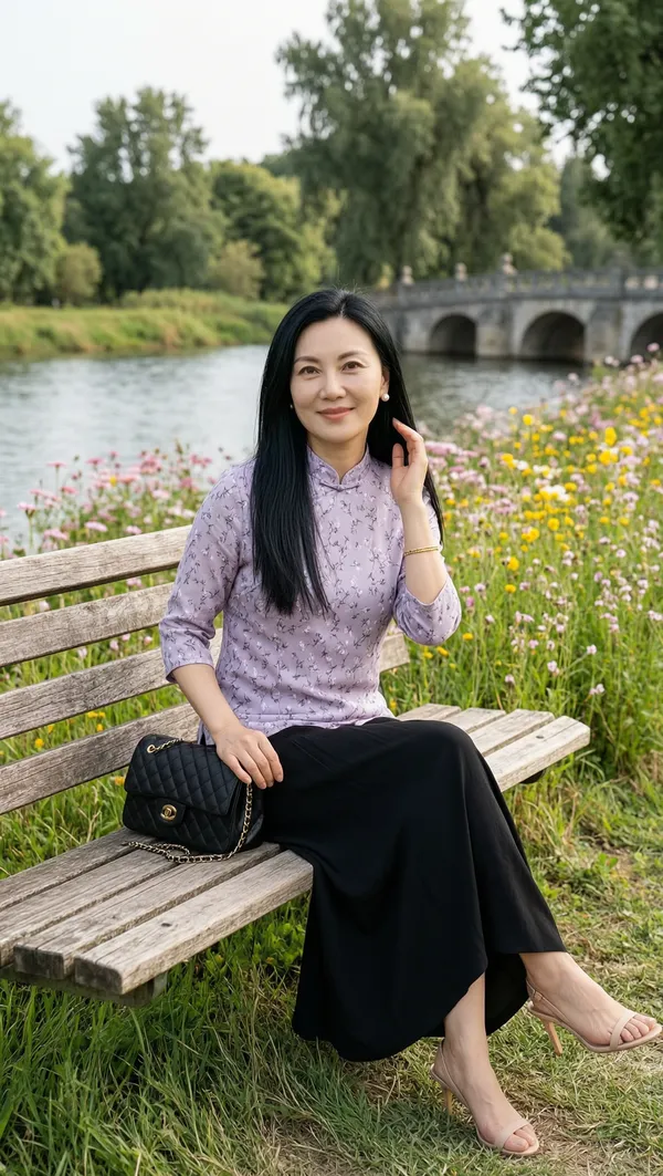 河畔花堤紫印花新中式上衣女士写真 - 主图（AI艺术作品）