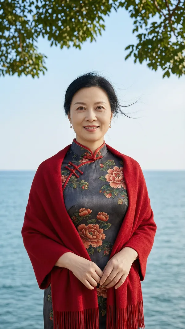 海滨红披肩旗袍写真 - 主图（AI艺术作品）