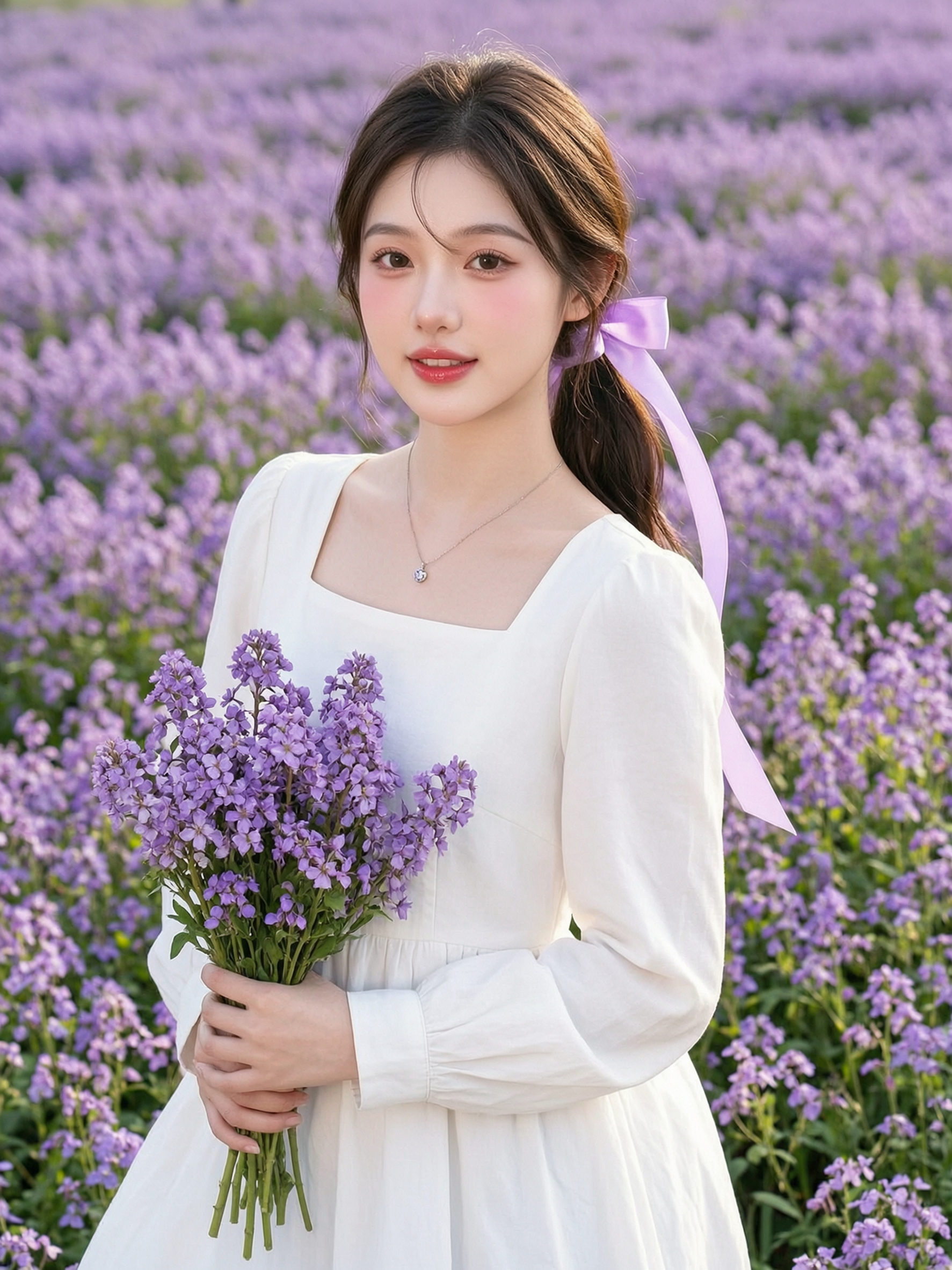 明媚松弛的紫花田甜妹写真|上传一张女生照片得同款 - 作品图1