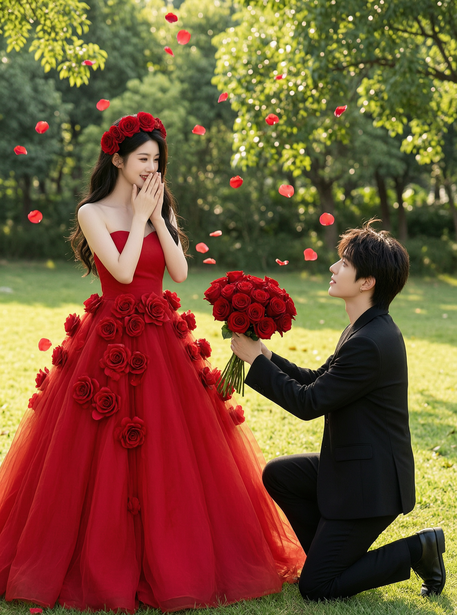 户外草坪红裙求婚情侣写真|上传2张照片得同款 - 作品图1