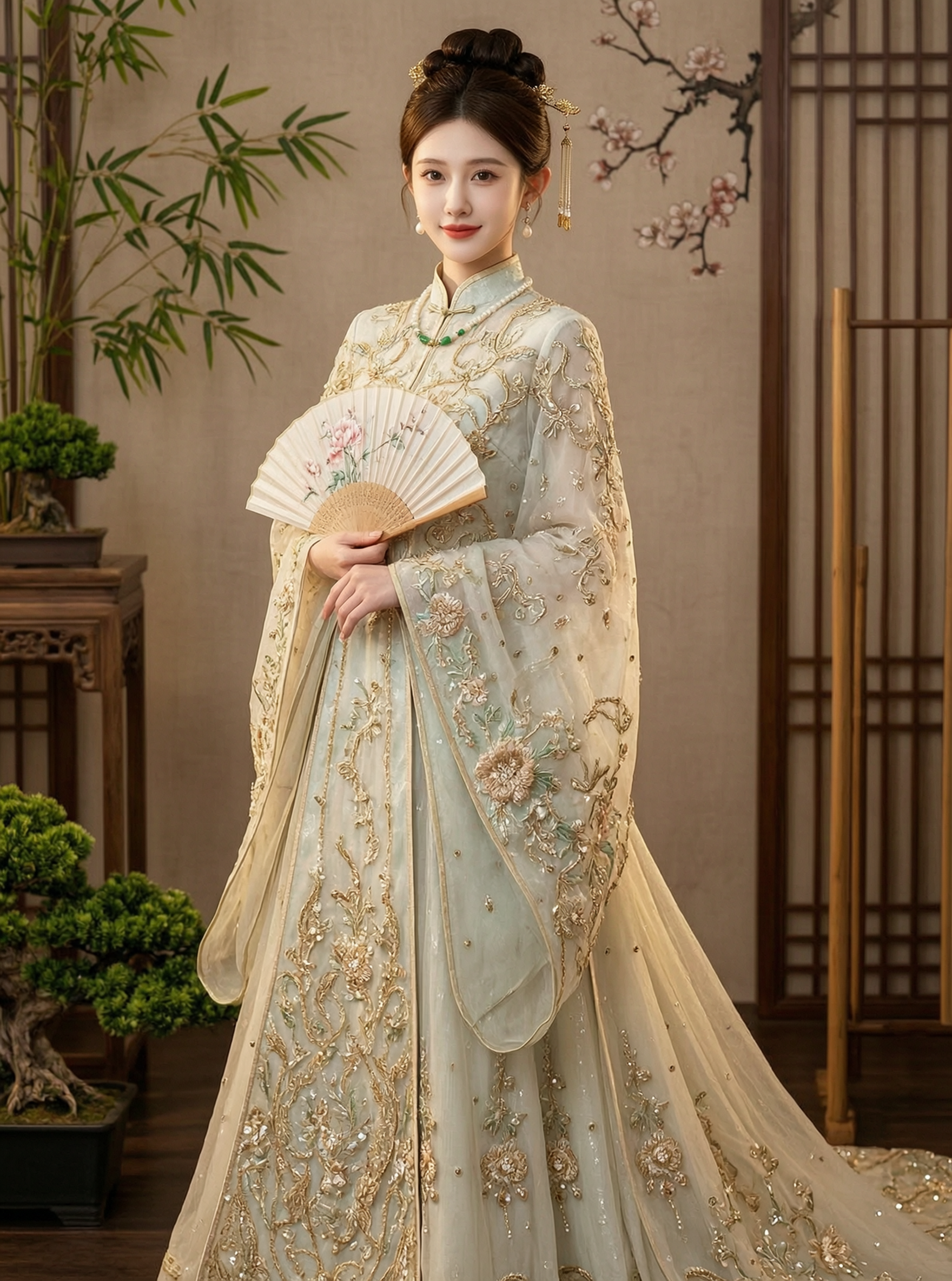 新中式繁花旗袍礼服写真|上传女生照片得同款 - 作品图1