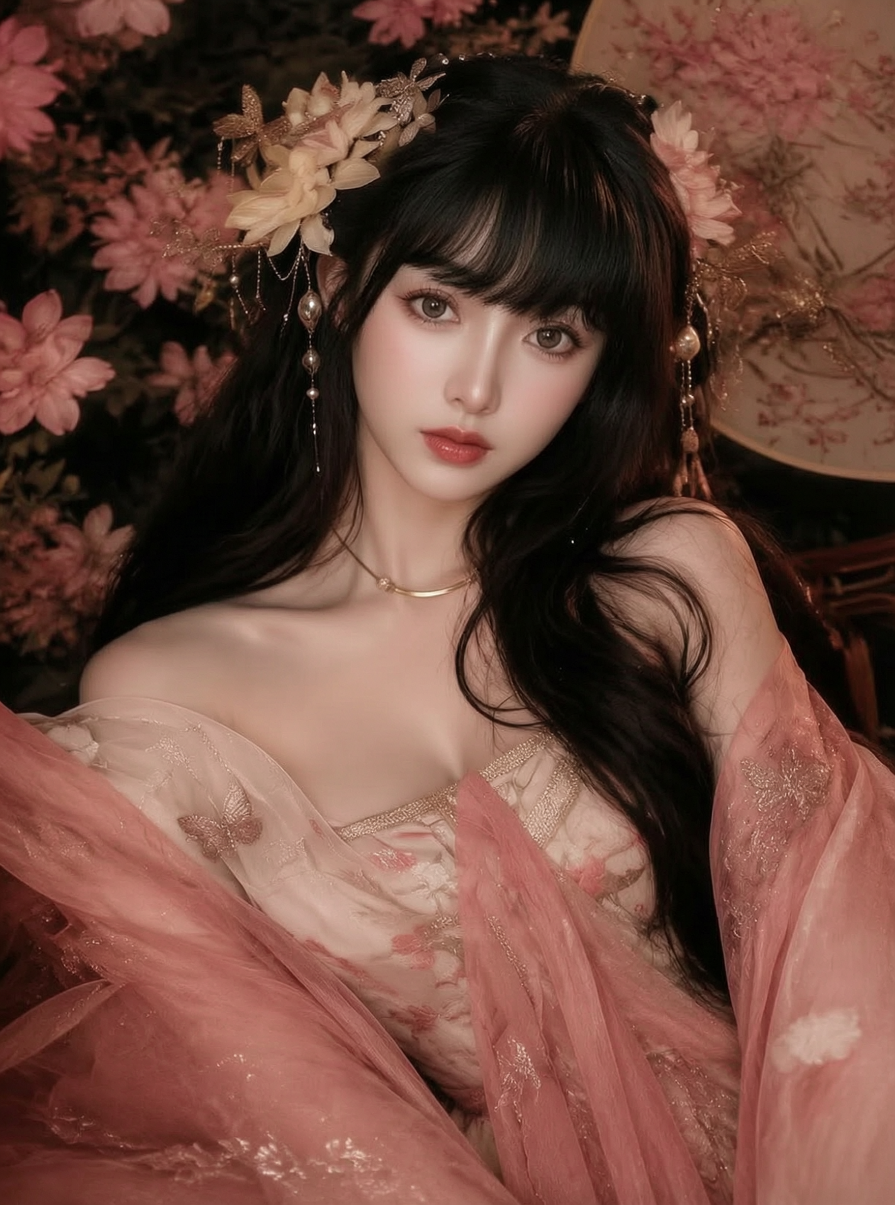 繁花簇拥古风佳人🌸粉色汉服温柔氛围感写 - 作品图1
