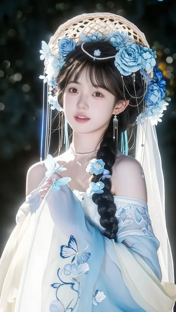蓝蝶花神梦幻氛围感写真 - 主图(AI艺术作品)