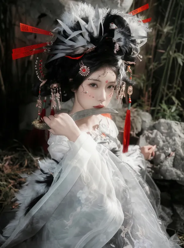 冷艳羽冠持刃竹林侠女氛围感写真 - 主图（AI艺术作品）