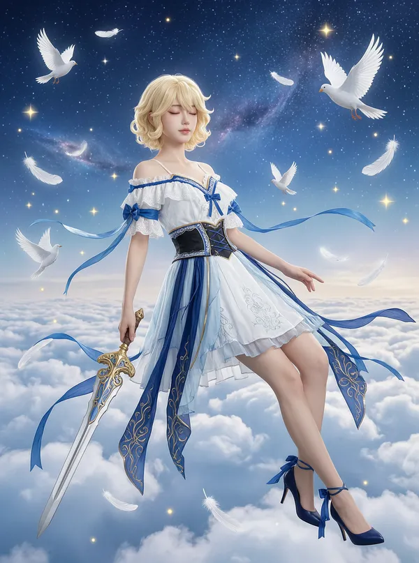 星河云海白鸽🗡蓝裙幻想少女唯美写真 - 主图(AI艺术作品)