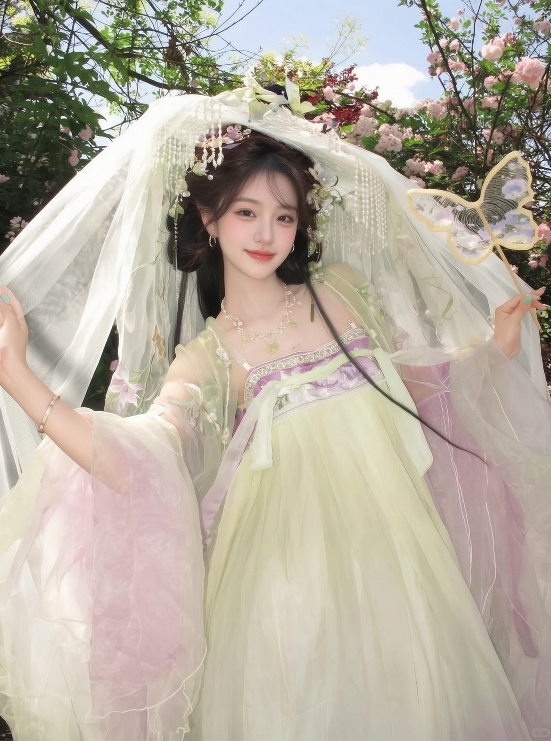花下纱裙🌸绿粉齐胸仙气汉服人像 - 作品图1