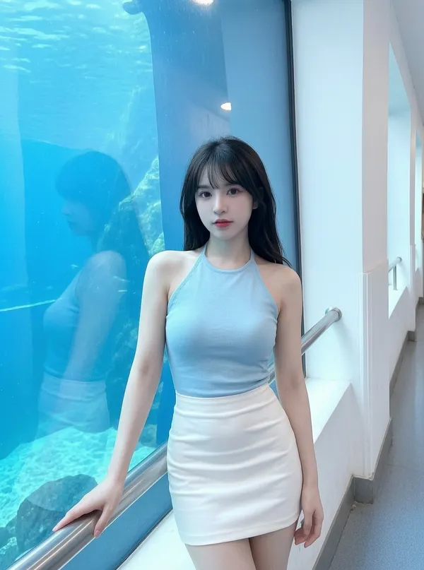 海底隧道清蓝治愈人像写真 - 主图（AI艺术作品）