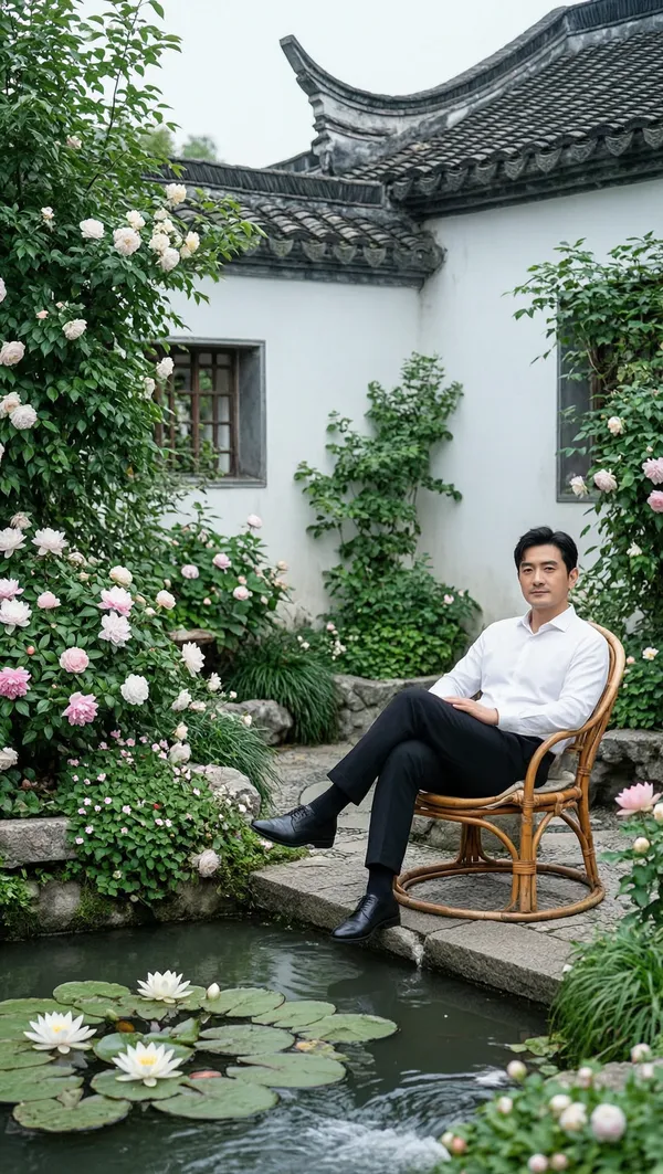 江南庭院悠然男士写真 - 主图(AI艺术作品)