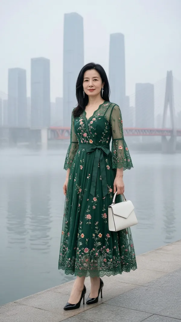 雾城花漾·墨绿刺绣长裙写真 - 主图（AI艺术作品）
