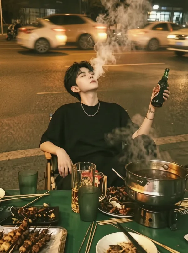夜市独酌少年夜景写真 - C作品