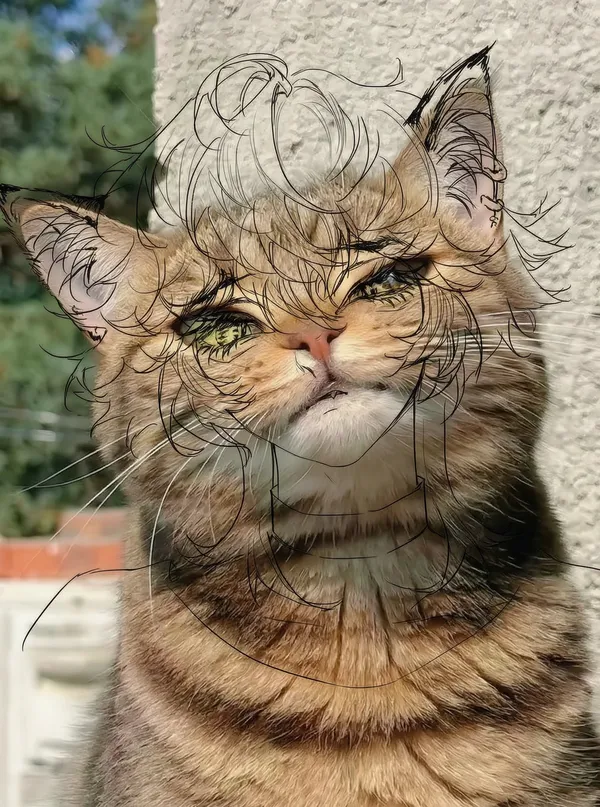猫咪拟人线稿叠加写实照片创意插画 - 主图(AI艺术作品)