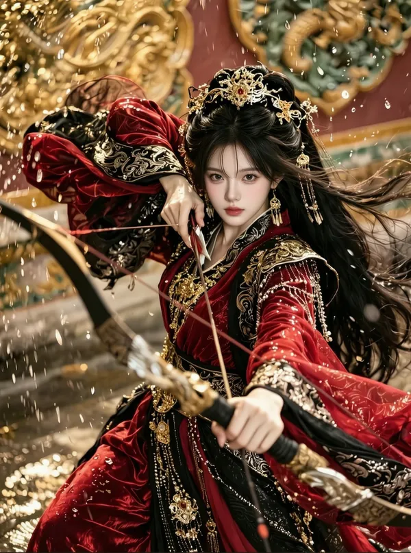 绝美红衣金粉女将军拉弓引箭豪华氛围感写真 - C作品