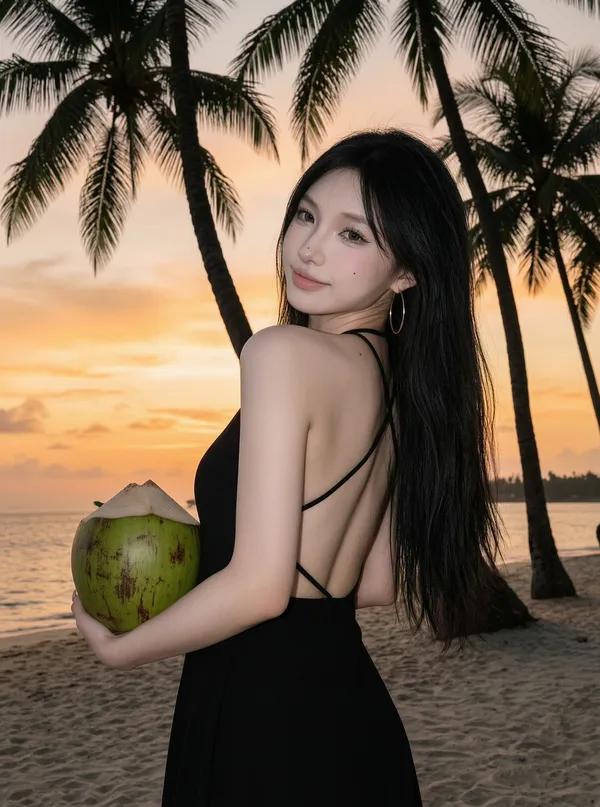 【Wan2.7】椰林海边日落辣妹写真 - 主图（AI艺术作品）